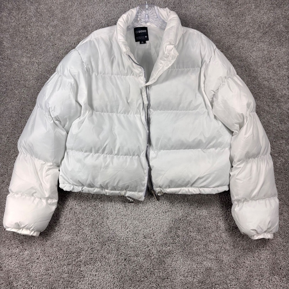 Cisono Women White Cropped Puffer Jacket NYJK444 XL Full Zip Quilted Padded Mock